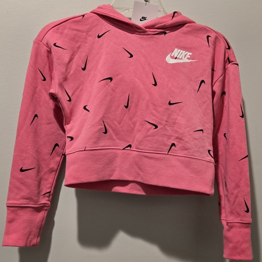Nike Girls Size Small Pink All-Over Print Cropped Pullover Hoodie Swoosh NEW‎